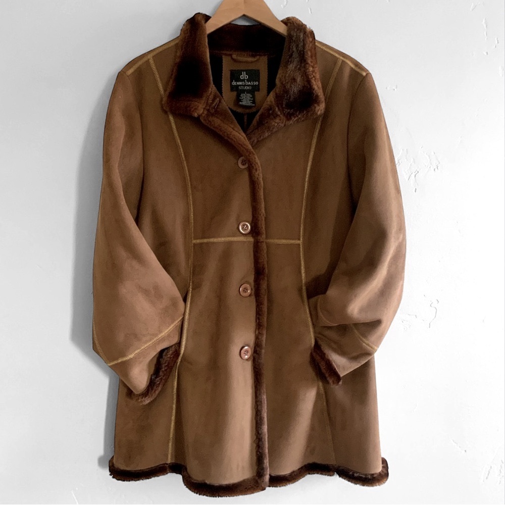 Dennis Basso VTG Faux Suede / Fur Mid-Length Brown Coat Jacket Womens Size Large - Picture 13 of 16